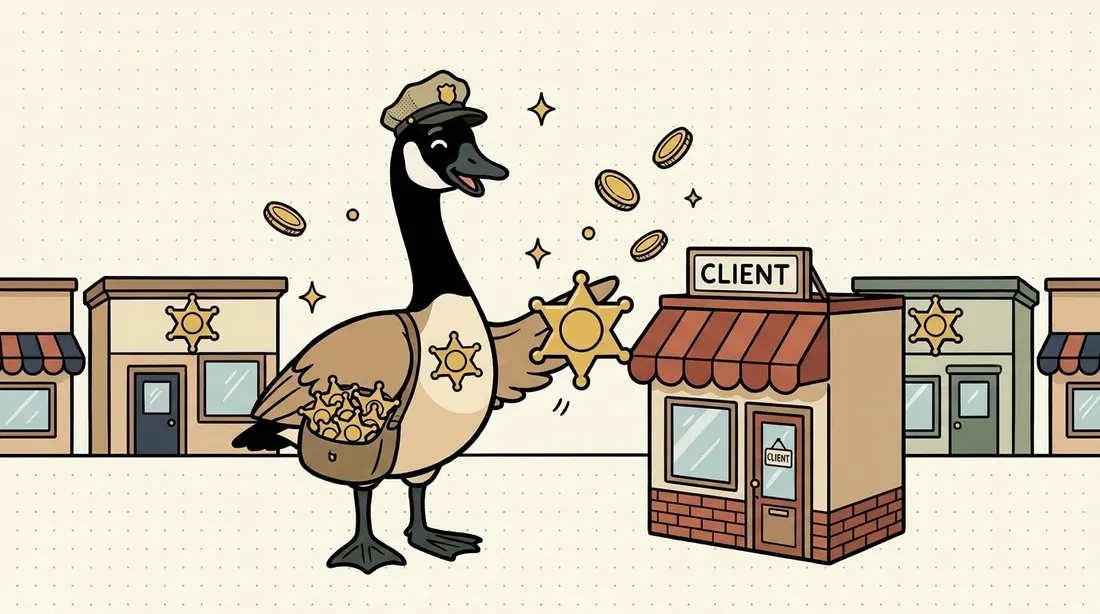 Clause the goose handing gold compliance badges to a row of little client storefronts, with coins floating to suggest recurring revenue