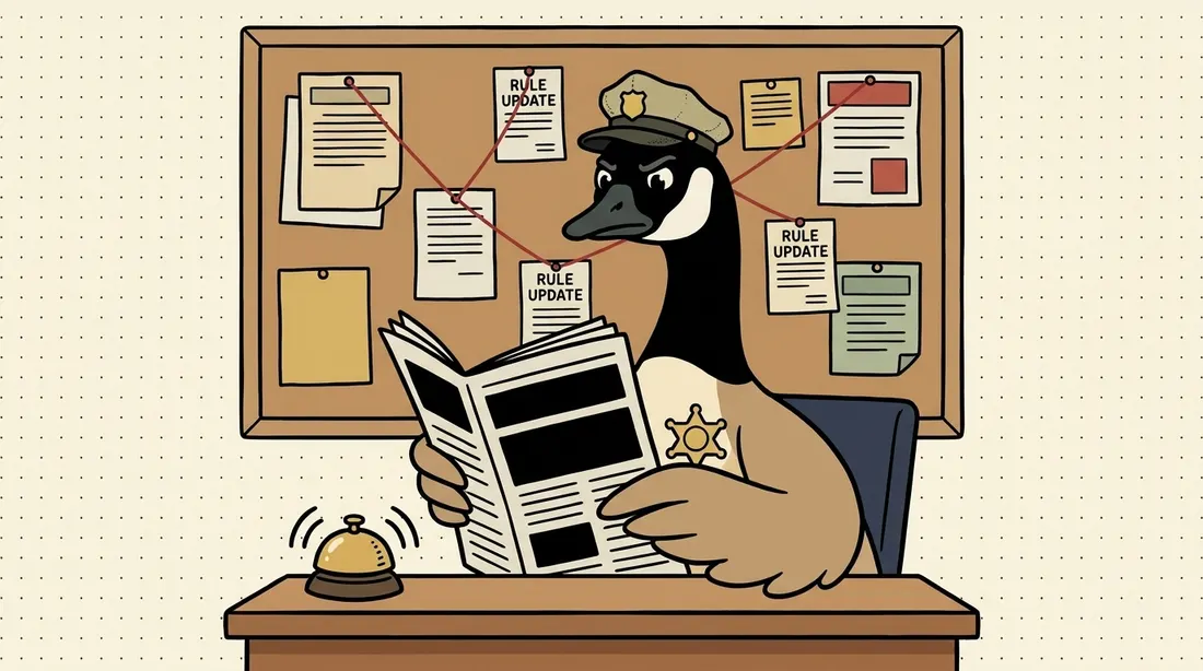 Clause the goose at a news desk reading the latest rule changes, a RULE UPDATE bulletin board pinned behind him and an alert bell ringing