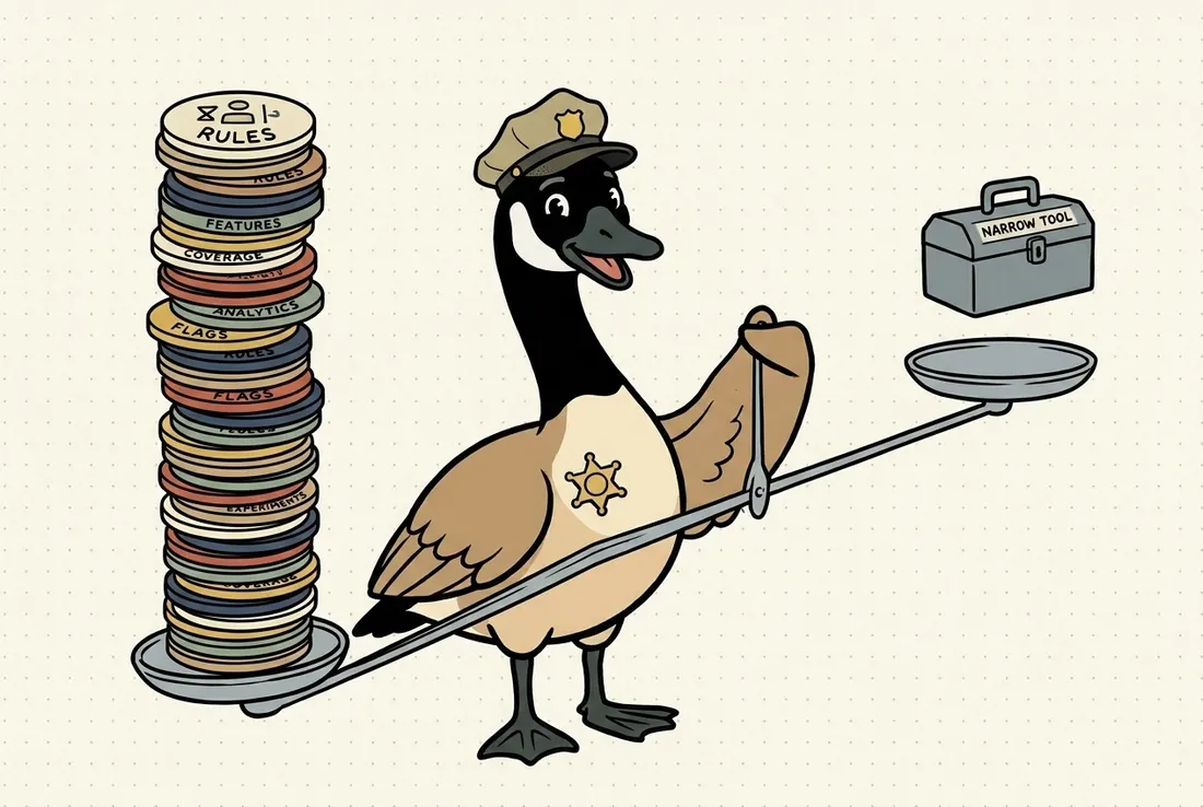 Clause the goose holding a balance scale: a tall stack of many colour-coded rules far outweighs a single small competitor tool