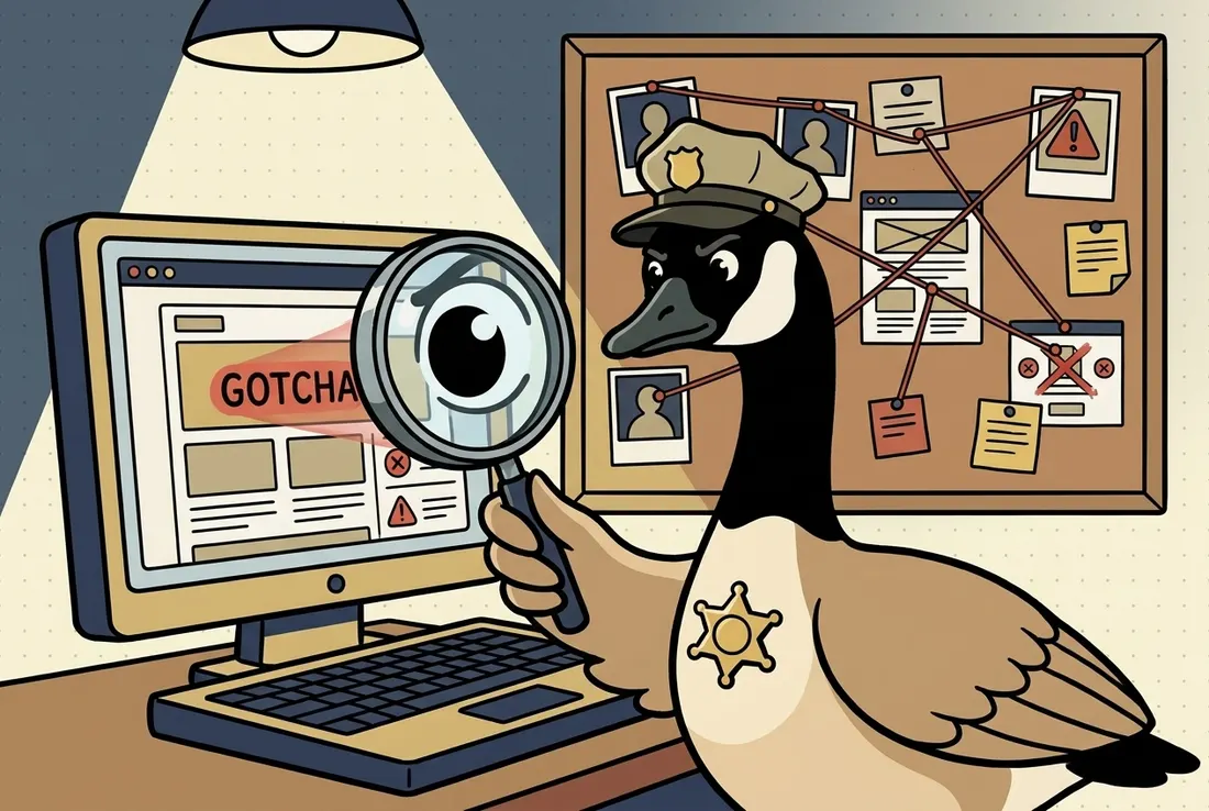 Clause as a detective inspecting a website through a magnifying glass, catching a violation