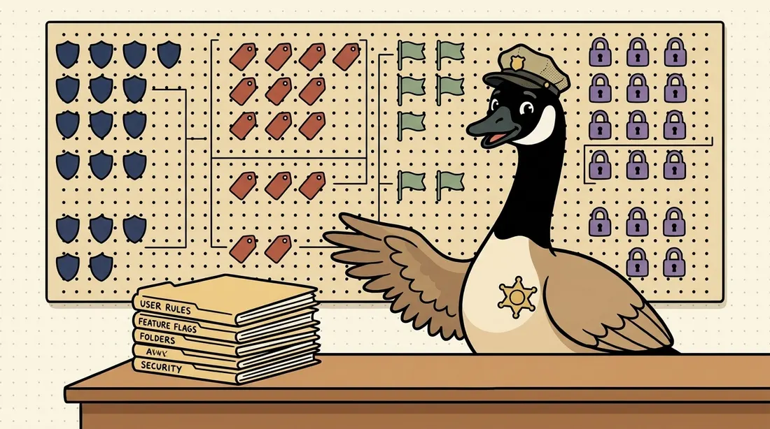 Clause the goose as a friendly concierge at a welcome desk, showing a board of colour-coded rules and which ones apply to you