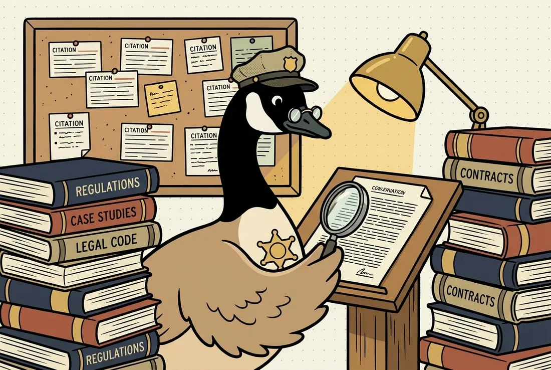 Clause the compliance goose as a scholar, in reading glasses with a magnifying glass over an open regulation, surrounded by stacks of law books and a wall of citations