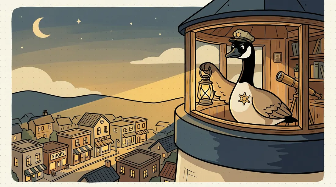 Clause on night-watch in a lighthouse, lantern lit, keeping watch over a town of little shops