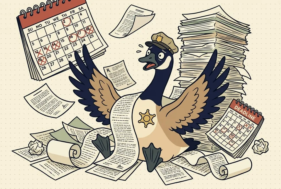 Clause the goose overwhelmed, buried under an avalanche of regulation paperwork and red-circled deadline calendars