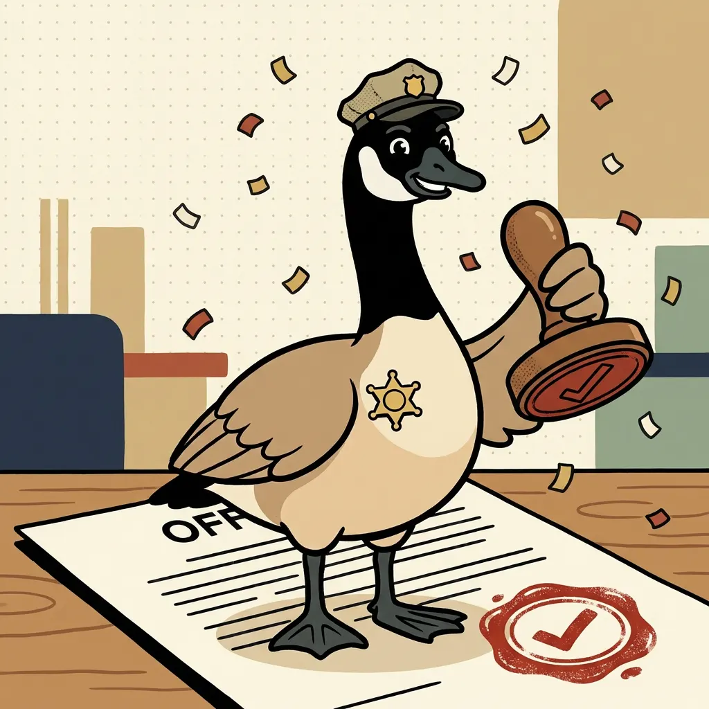 Clause proudly stamping a document COMPLIANT with a checkmark wax seal